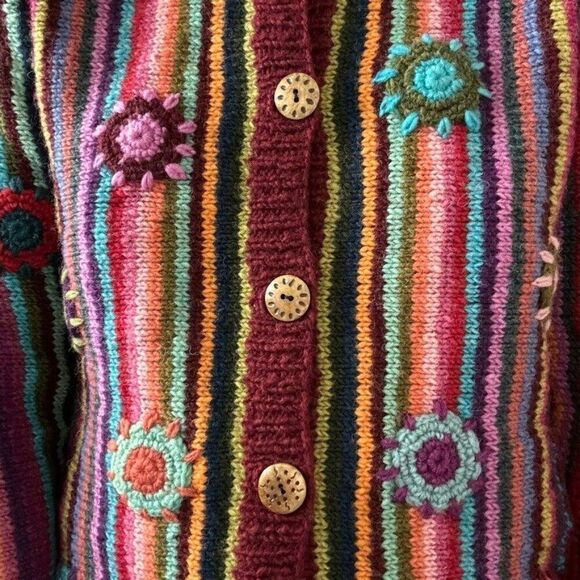 Lunieva Womens Rainbow PRIDE Chunky 100% Wool Hippy Floral Cardigan sz S - Picture 7 of 7